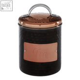 Black hammered metal prescott tea canister with copper lid handle and engraved tea plaque for tea storage