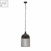Preston antique black pendant light with black metal vertical slats and chain suspension over clear glass shade