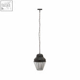 Black metal preston one bulb pendant light with cage design and clear glass bulb pendant hanging from chain suspension