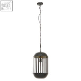 Black metal preston pendant light with vertical slats and chain suspension for stylish indoor lighting