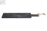 Dark gray slate preto large rectangular paddle chopping and serving board with wooden handle and natural rope detail