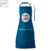 Pretty things apron in teal featuring a circular bake and cake design in white red and brown on the front