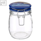 Pretty things glass jar 750ml with blue clip lid silver clasp and delicious label in white cursive on clear glass