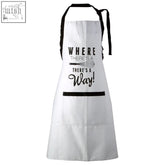 White apron with black text and whisk motif featuring where theres a way slogan perfect pun and games apron with double pocket