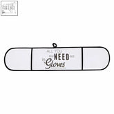 White double oven glove storage bag with black trim and all you need is gloves script for oven glove storage