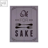 Gray wooden wall plaque with black oh for sake text and forks on light grey mdf for kitchen decor