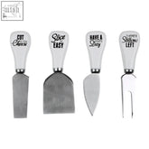 Set of 4 white handled stainless steel cheese knives with witty slogans from the pun and games set