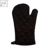 Black quilted single oven glove with loop at the wrist from pun and games for easy kitchen use