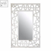 Silver framed puzzle wall mirror with decorative interlocking circular glass border and scrolled frame design