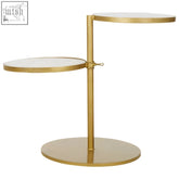 Gold-finished metal rabia side table with two circular glass tops offers stylish vertical storage solution