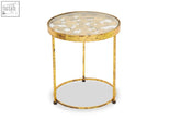 Rabia Butterfly side table with textured gold frame and circular glass top featuring a white beige marbled pattern
