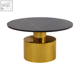 Rabia coffee table with black marble top and gold metallic cylindrical base for stylish living spaces