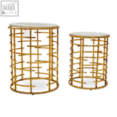 Gold-finished metal side table with smooth white marble top from rabia gold set perfect for modern living spaces