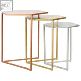 Rabia nest set of three hexagonal nesting tables with metallic frames in rose gold brass and silver finishes