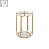 Gold-toned metal rabia petal side table with mirrored flower-shaped top and circular base for stylish decor