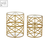 Rabia set of 2 gold geometric side tables with diamond pattern and clear glass tops perfect for smaller footprints