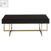 Ragusa coffee table with mirrored black glass top and brushed gold stainless steel legs in sleek minimalist style