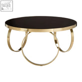 Ragusa large round coffee table with gold-toned circular frame black glass top and interlocking ring legs