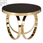 Gold-toned ragusa round coffee table with black glass top and stainless steel interlocking ring legs round coffee table