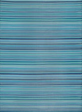 A rectangular rainbow outdoor rug with horizontal blue, teal, and green stripes perfect for outdoor use