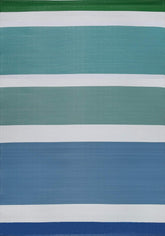 A rainbow outdoor rug with textured fabric featuring blue and green stripes separated by white bands for outdoor use