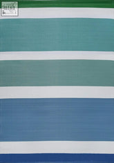 A rainbow outdoor rug with textured fabric featuring blue and green stripes separated by white bands for outdoor use
