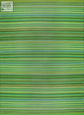 A woven rainbow outdoor rug green with horizontal stripes in shades from lime to deep forest for outdoor use