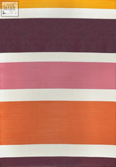 A vibrant rainbow outdoor rug pink with bold horizontal stripes in orange deep purple soft pink and white
