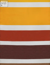 A vibrant rainbow outdoor rug yellow with bold yellow white rust red and dark brown stripes perfect for outdoor use