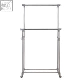 Silver metal chrome finish double clothes hanging rack with adjustable height and caster wheels for easy mobility