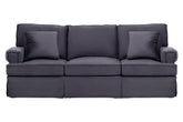 Dark gray upholstered ralph three seat black velvet sofa with rolled arms and matching throw pillows velvet sofa