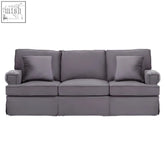 Gray upholstered ralph three seat grey velvet sofa with rolled arms and matching throw pillows