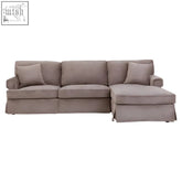 Beige upholstered ralph three seat mink velvet sectional sofa with chaise lounge and matching throw pillows