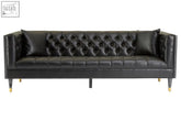 Raven 3 seat black faux leather sofa with tufted design and gold tone legs perfect for stylish living rooms