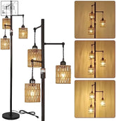 Black metal rattan floor lamp with five woven shades dimmable perfect for living room and farmhouse decor
