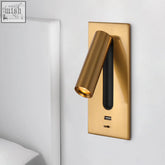 Gold-finished reading wall light with usb charger and switch featuring a sleek cylindrical led bedside lamp head