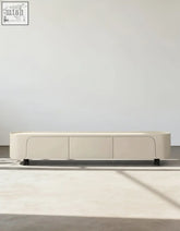 Cream b86 tv stand rebecca b86 media console with sleek curved edges and black cylindrical feet for living room use