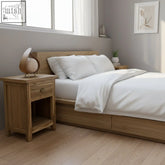 Light oak teak wood bedside table with single drawer and open shelf classic recycled teak wood design