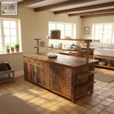 Rustic centre display table with weathered multi-toned recycled teak wood panels and thick natural wood countertop