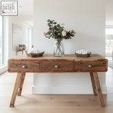 Rustic teak wood console table with three drawers and angled legs in recycled teak wood finish 150x50x80cm