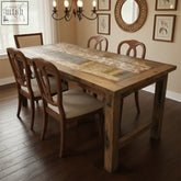 Rustic dining table with patchwork top of weathered reclaimed teak wood and dark-stained sturdy legs 180x80x80cm