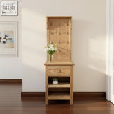 Light oak wooden coat rack with drawer and shelves made from recycled teak wood for hallway or bathroom use