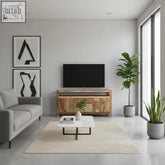 Modern large tv stand in teak wood with rustic reclaimed finish and two cabinet doors for spacious storage