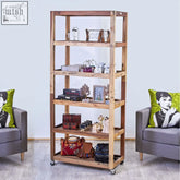 Rustic teak wood shelving unit with six open shelves and casters ideal for versatile display and storage