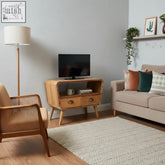 Light brown recycled teak wood small tv stand with two drawers and curved open shelf length 81x49x41cm