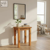 Light brown recycled teak wood console table with simple sturdy legs perfect for kitchen or hallway use