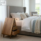 Light oak nightstand with three drawers and brass handles made of recycled teak wood triangle decoration storage