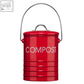 Red compost bin with silver metal handle and lid featuring an internal filter position for easy composting