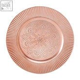 Redbud rose gold charger plate with rose gold metallic finish and embossed floral mandala design at center