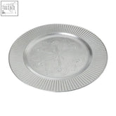Silver charger plate redbud silver with embossed floral and geometric patterns on a metallic serving tray rim